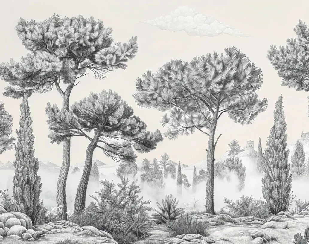 Murmure des Pins sous Brume Matinale - Illulart: Papier peint panoramique