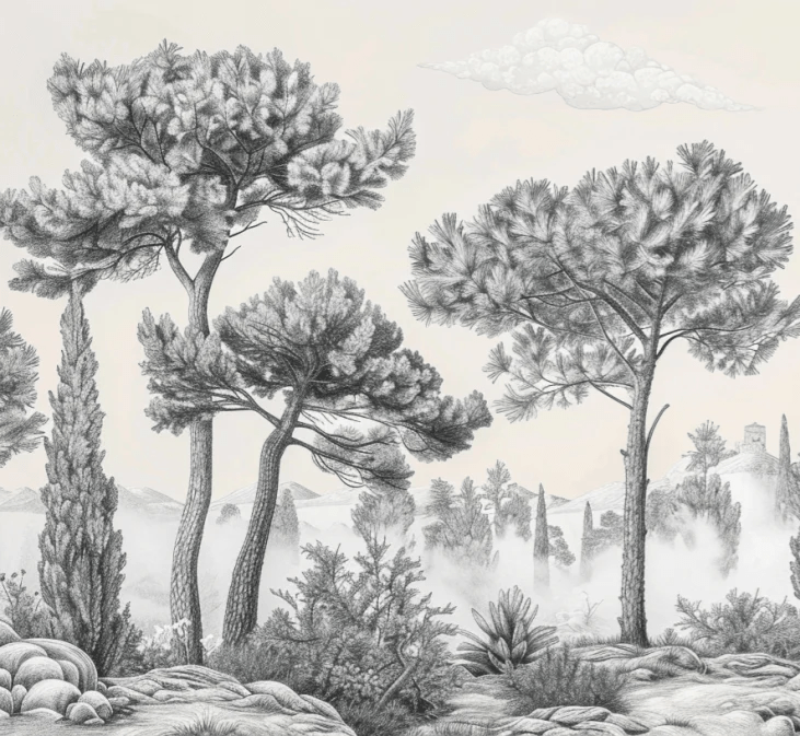 Murmure des Pins sous Brume Matinale - Illulart: Papier peint panoramique