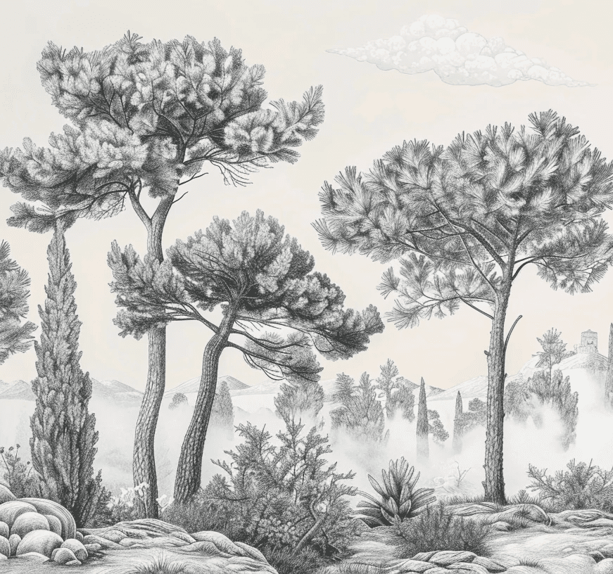 Murmure des Pins sous Brume Matinale - Illulart: Papier peint panoramique