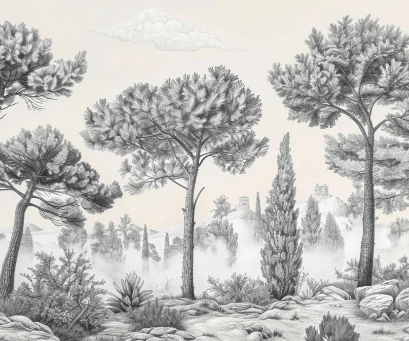 Murmure des Pins sous Brume Matinale - Illulart: Papier peint panoramique