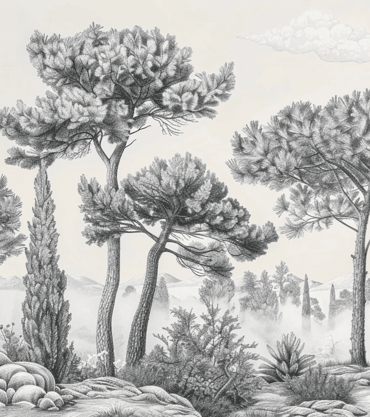 Murmure des Pins sous Brume Matinale - Illulart: Papier peint panoramique