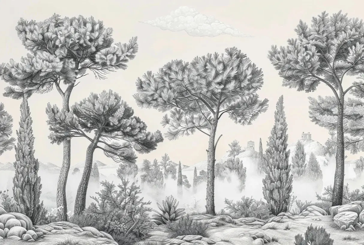 Murmure des Pins sous Brume Matinale - Illulart: Papier peint panoramique