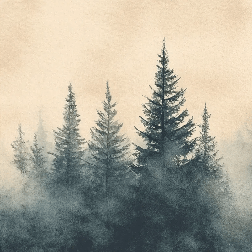 Mystères des Sapins - Papier Peint Panoramique Forêt Brumeuse