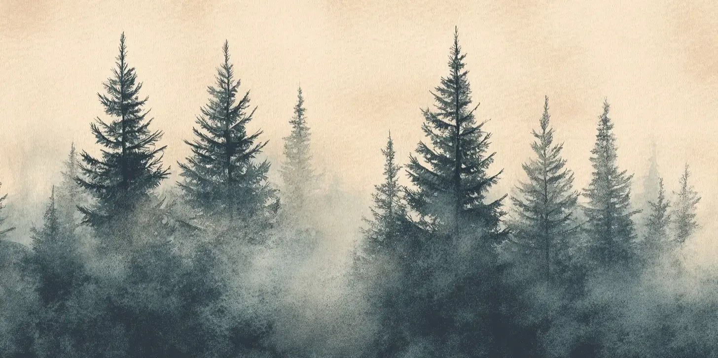 Mystères des Sapins - Papier Peint Panoramique Forêt Brumeuse