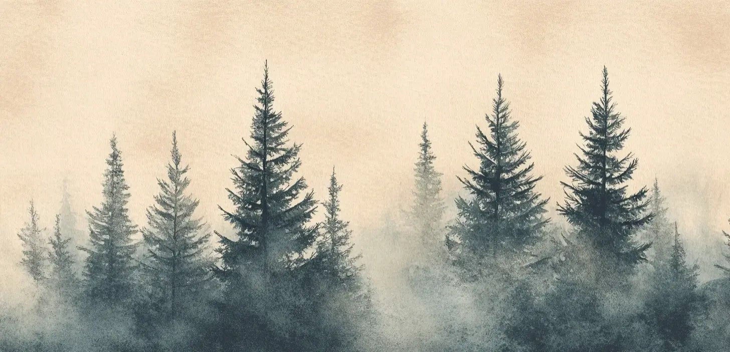 Mystères des Sapins - Papier Peint Panoramique Forêt Brumeuse