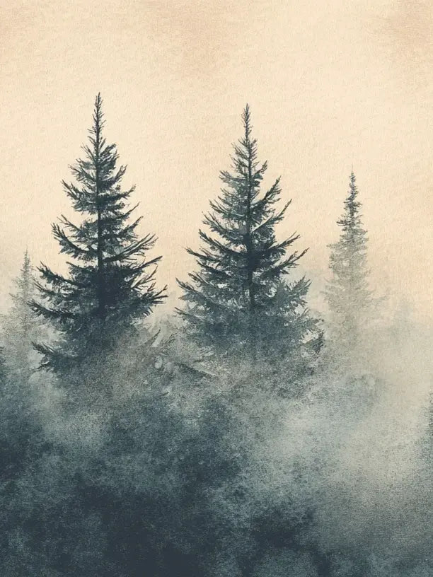 Mystères des Sapins - Papier Peint Panoramique Forêt Brumeuse