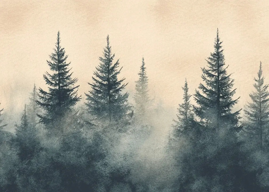 Mystères des Sapins - Papier Peint Panoramique Forêt Brumeuse
