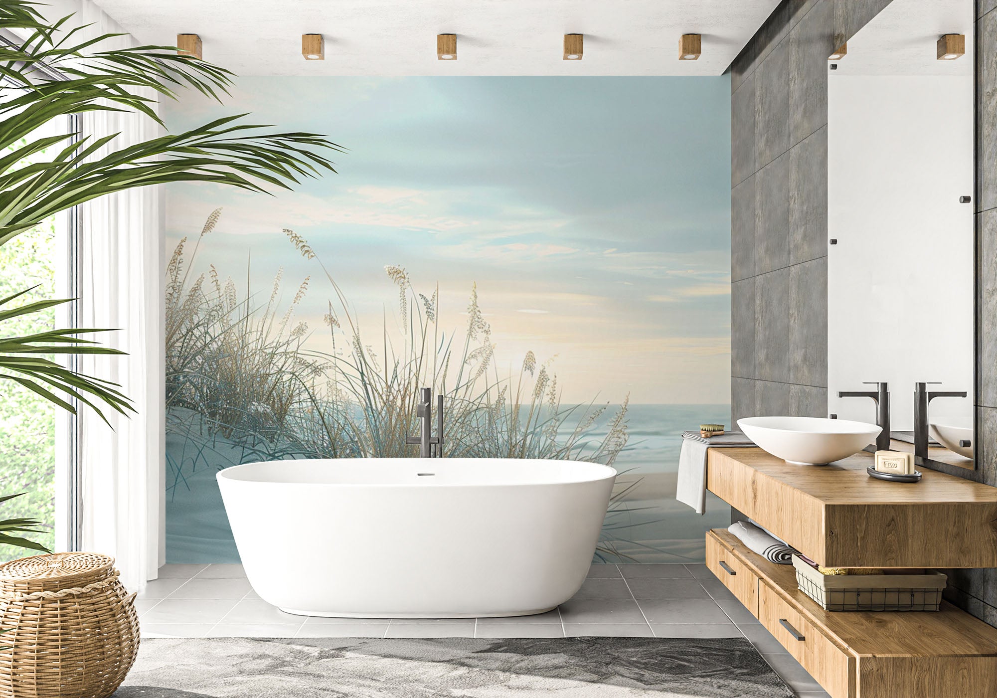 papier peint dunes de sable bord de mer dans une salle de bain