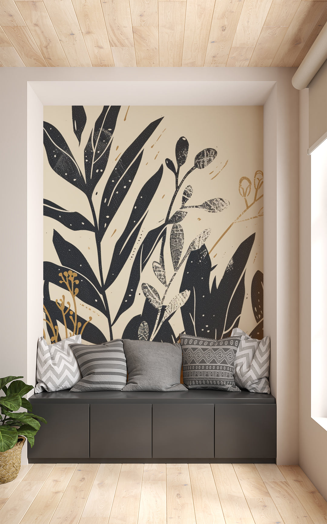 Grafische Natur – Botanische Eleganz in Beige und Schwarz 