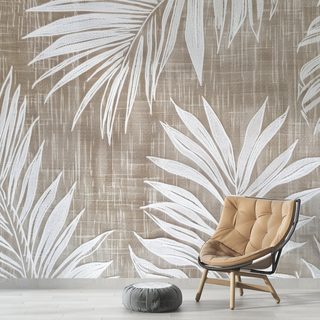 Timeless Nature: White leaf wallpaper on taupe linen