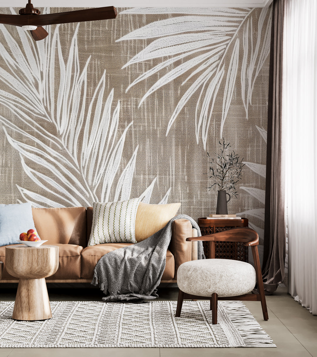 Timeless Nature: White leaf wallpaper on taupe linen