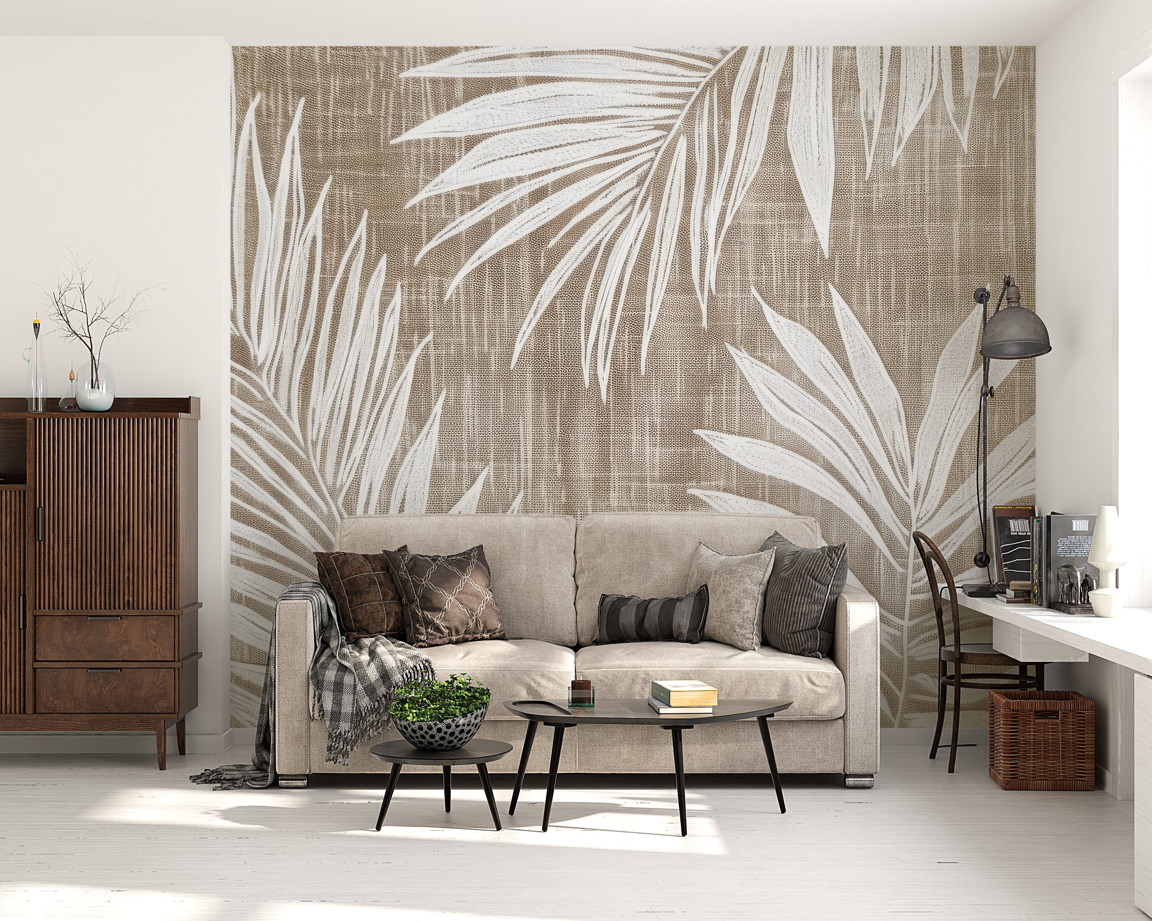Timeless Nature: White leaf wallpaper on taupe linen