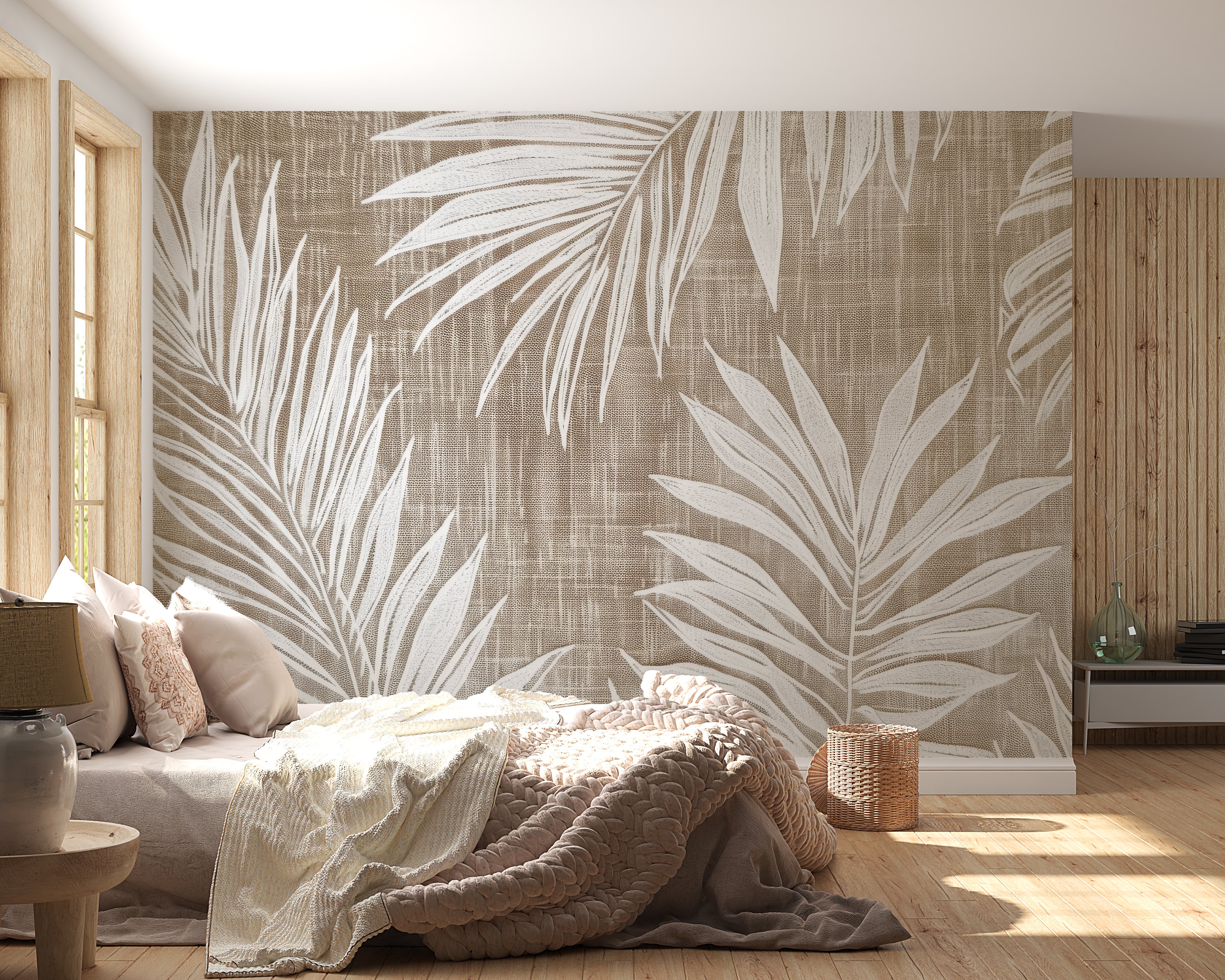 Timeless Nature: White leaf wallpaper on taupe linen