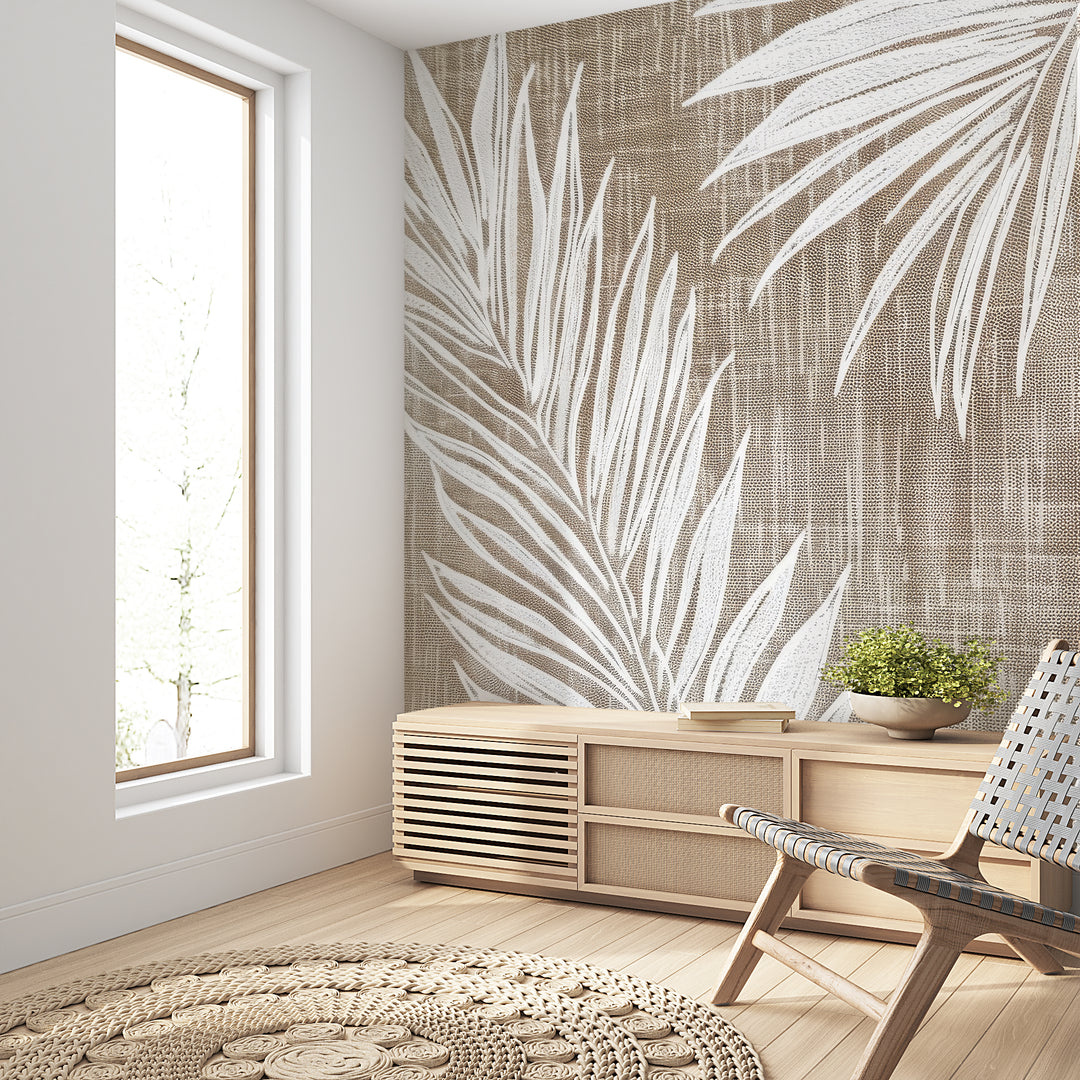 Timeless Nature: White leaf wallpaper on taupe linen