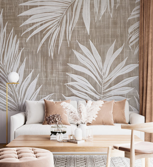 Timeless Nature: White leaf wallpaper on taupe linen