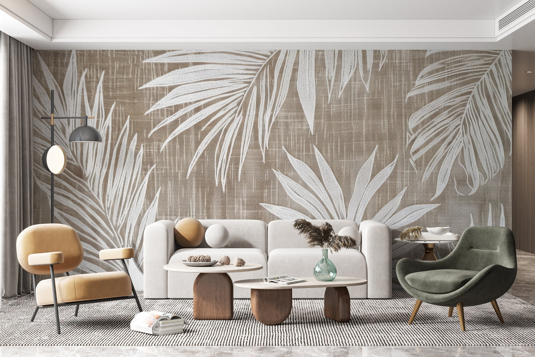 Timeless Nature: White leaf wallpaper on taupe linen