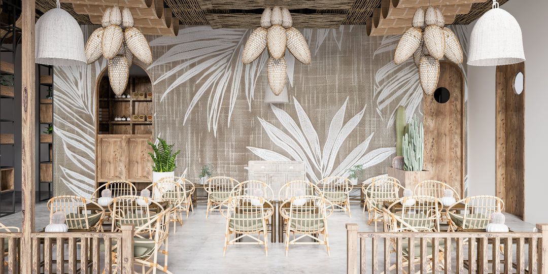 Timeless Nature: White leaf wallpaper on taupe linen