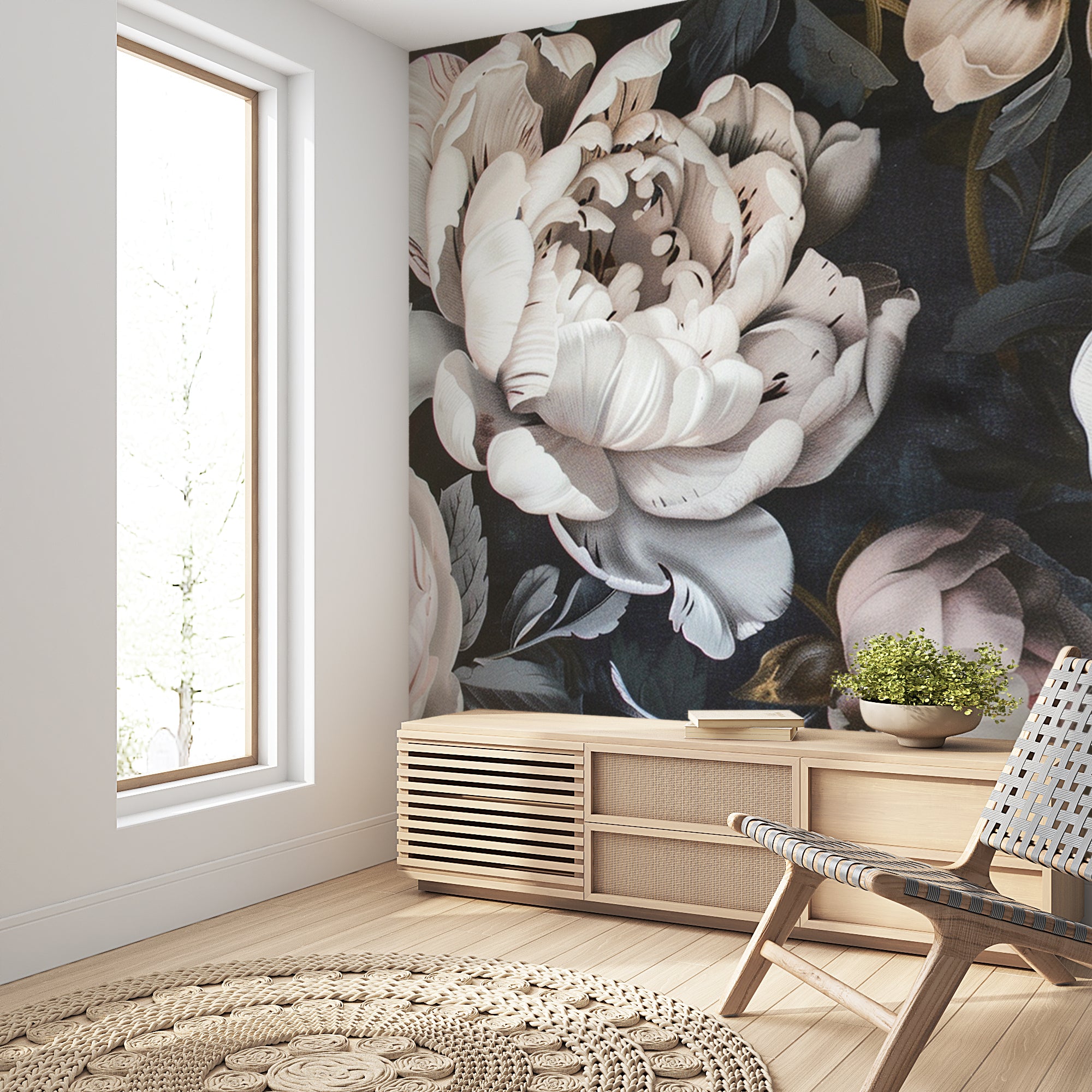 papier peint fleurs de pivoine dans un salon