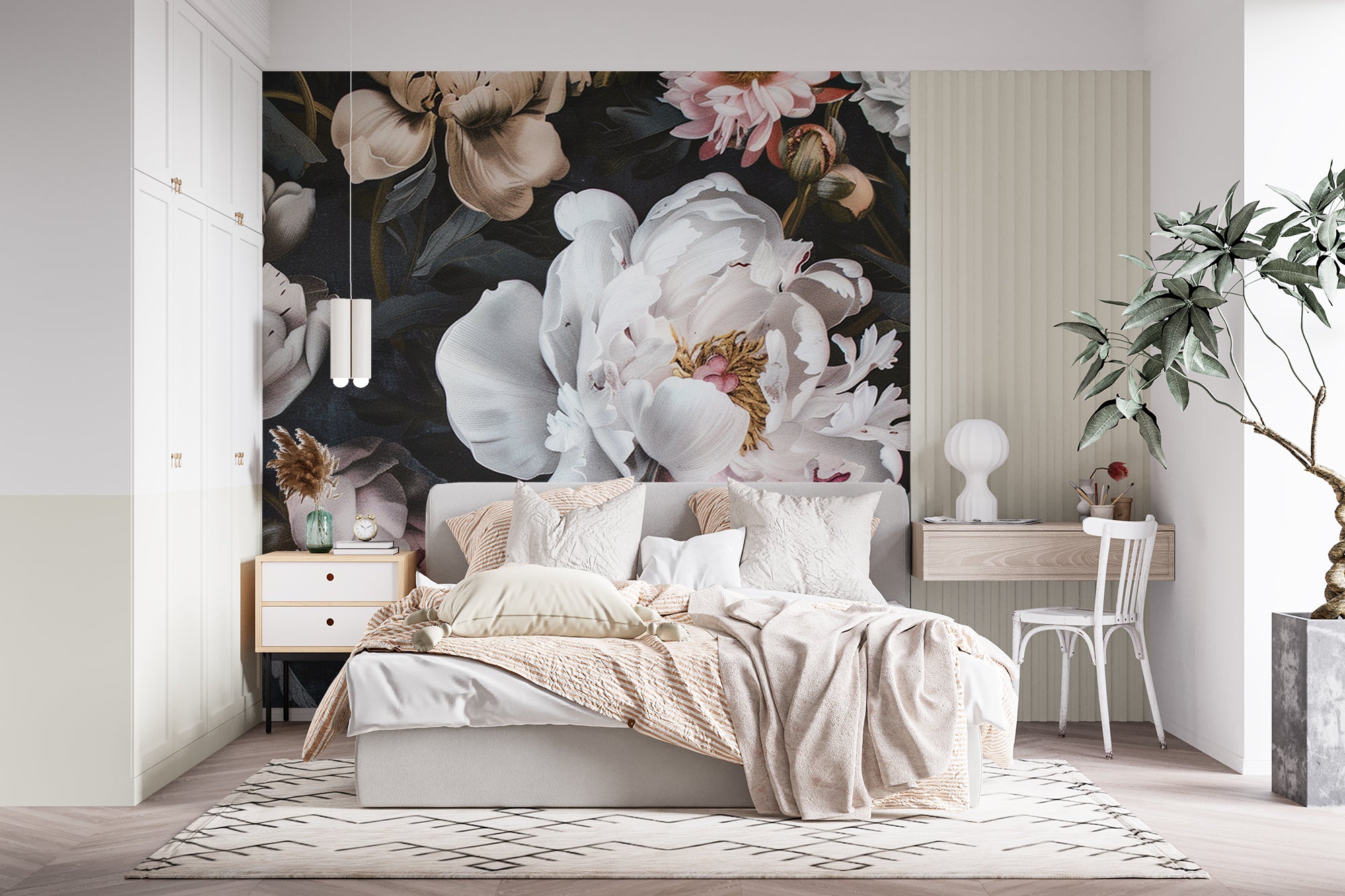 papier peint fleurs de pivoine dans une chambre 