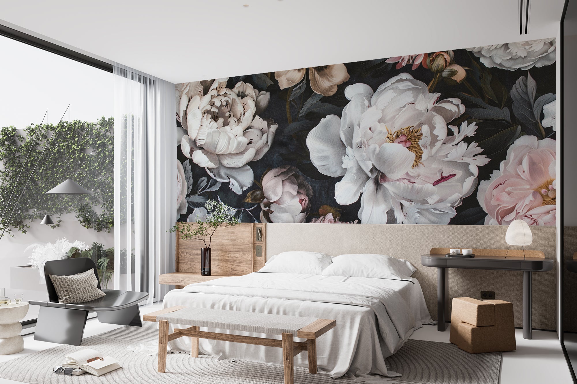 papier peint fleurs de pivoine dans une chambre