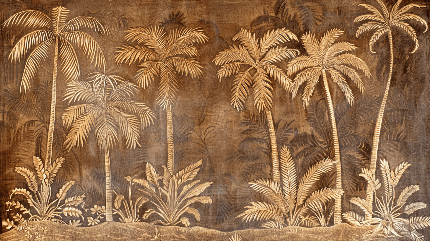 papier peint panoramique palmiers - décor exotique beige marron effet cuir 
