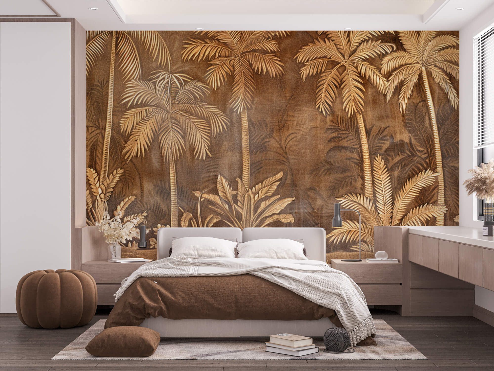 papier peint panoramique palmiers - décor exotique beige marron effet cuir dans une chambre