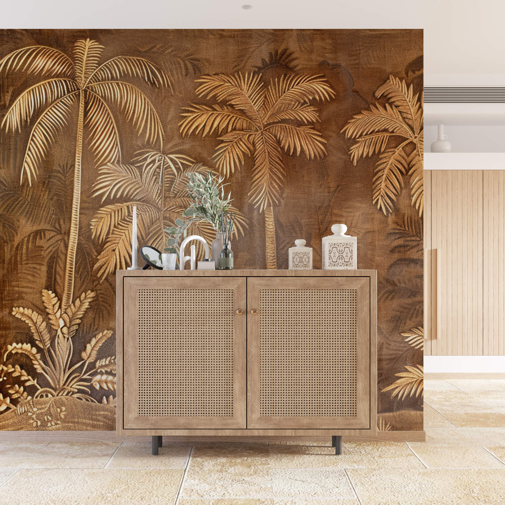 papier peint panoramique palmiers - décor exotique beige marron effet cuir dans une chambre dans un couloir ou salon