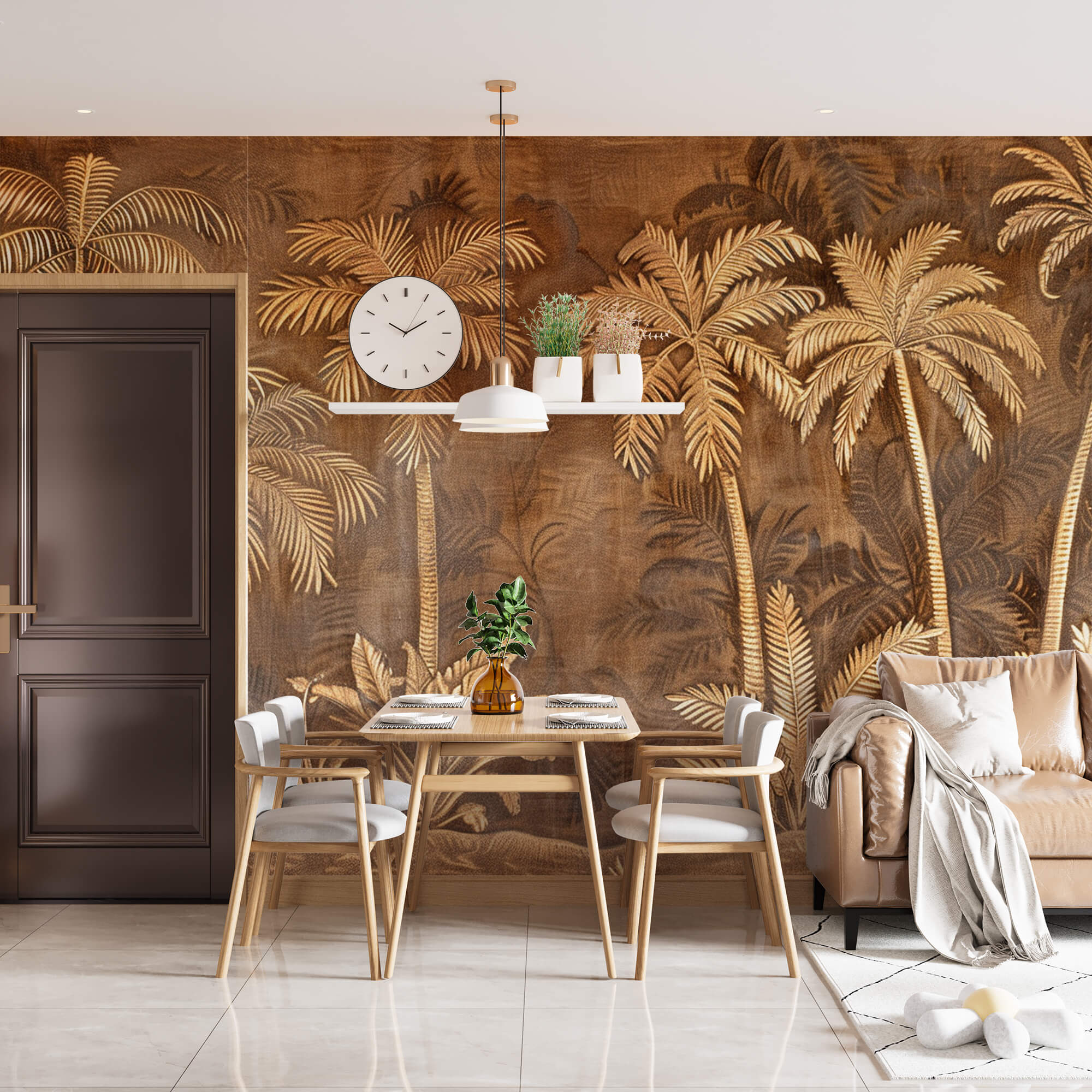 papier peint panoramique palmiers - décor exotique beige marron effet cuir dans un salon
