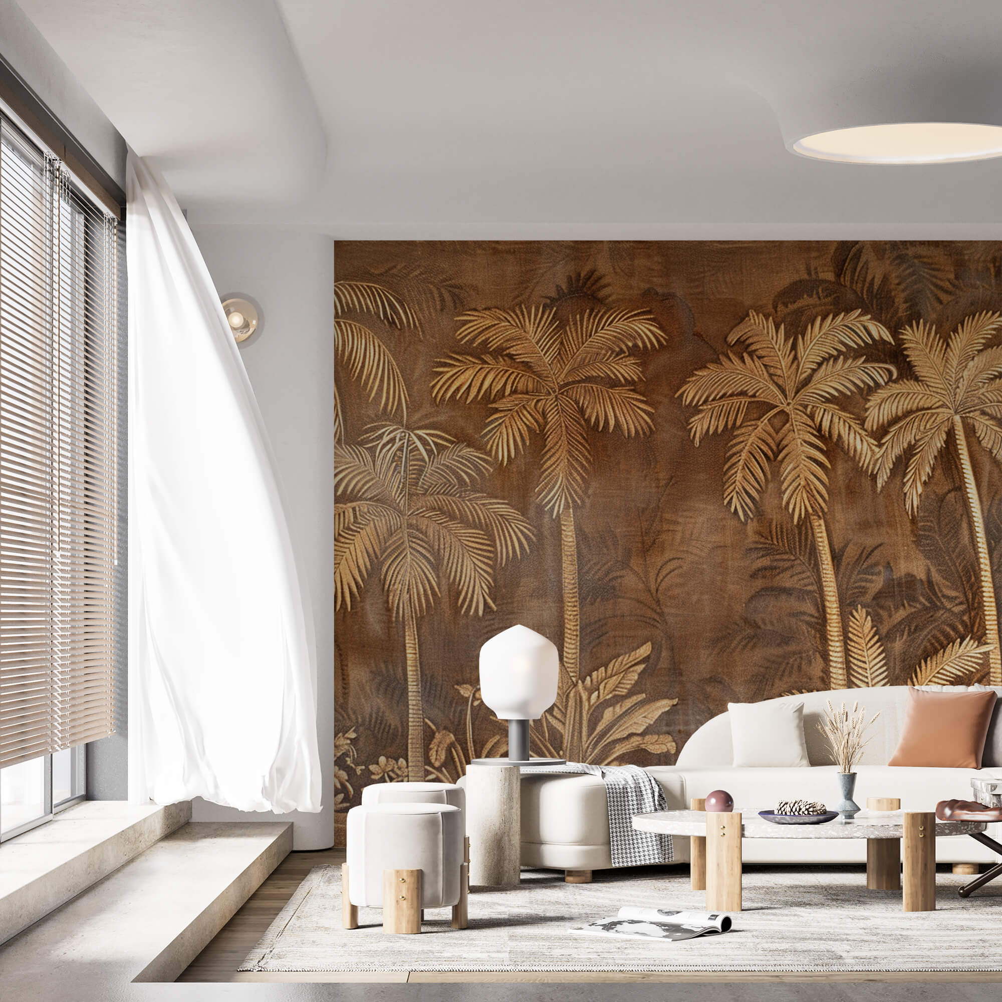 papier peint panoramique palmiers - décor exotique beige marron effet cuir  dans un salon
