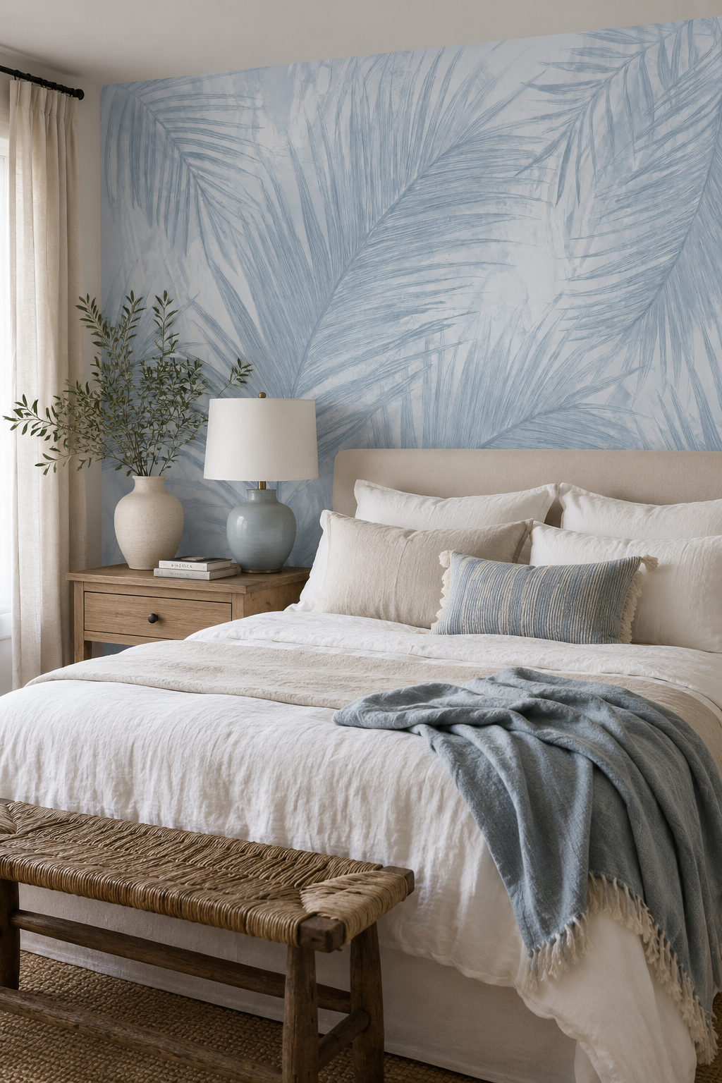 Papier peint panoramique avec grandes feuilles de palmier bleu grisé sur fond clair, ambiance douce et élégante