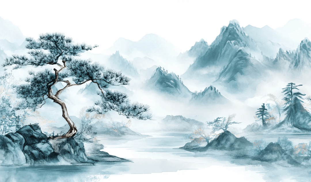 Panorama zen: Papier peint Arbres et Montagnes en aquarelle - Illulart: Papier peint panoramique