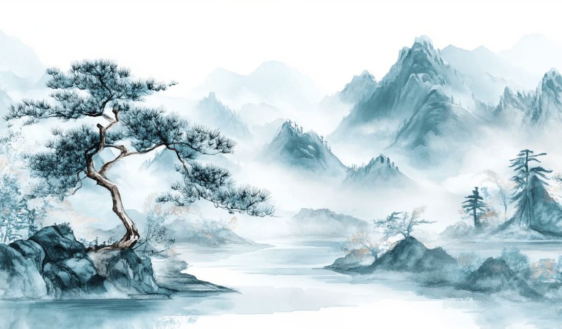 Panorama zen: Papier peint Arbres et Montagnes en aquarelle - Illulart: Papier peint panoramique