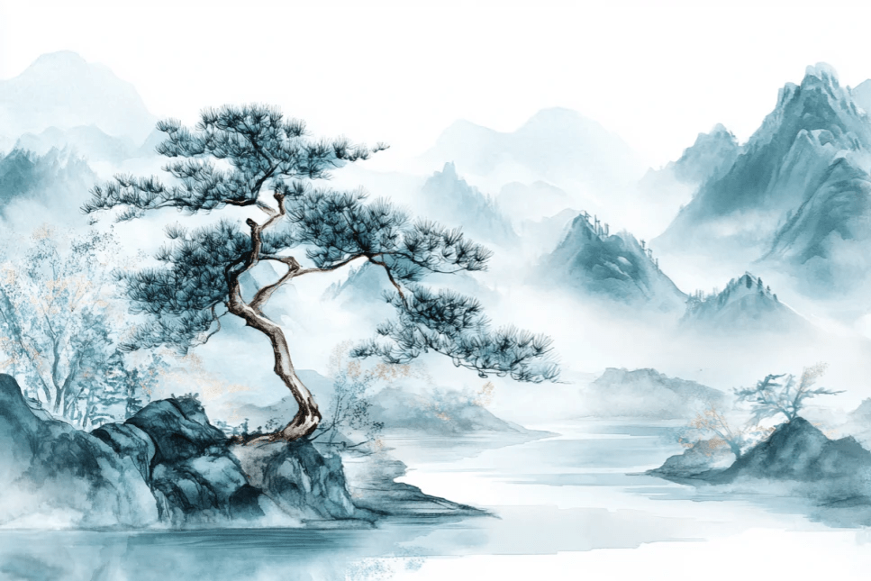 Panorama zen: Papier peint Arbres et Montagnes en aquarelle - Illulart: Papier peint panoramique