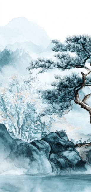 Panorama zen: Papier peint Arbres et Montagnes en aquarelle - Illulart: Papier peint panoramique