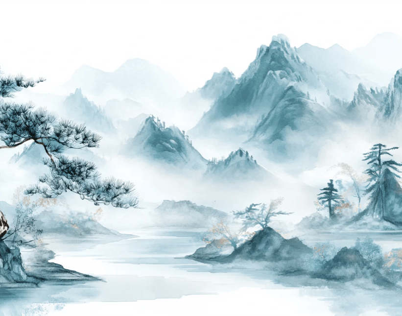 Panorama zen: Papier peint Arbres et Montagnes en aquarelle - Illulart: Papier peint panoramique