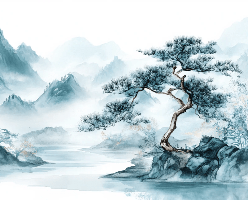 Panorama zen: Papier peint Arbres et Montagnes en aquarelle - Illulart: Papier peint panoramique