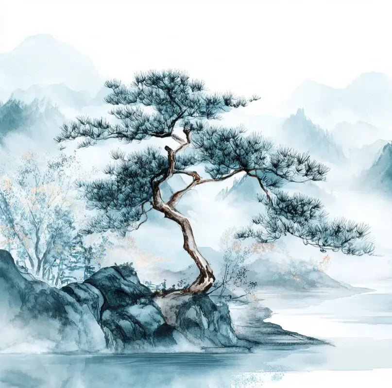 Panorama zen: Papier peint Arbres et Montagnes en aquarelle - Illulart: Papier peint panoramique