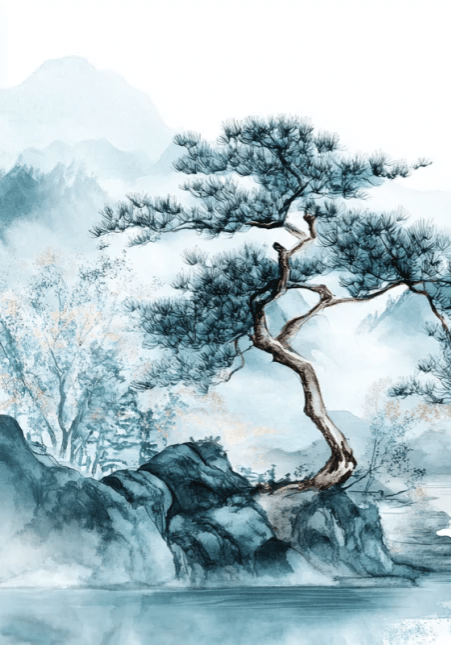 Panorama zen: Papier peint Arbres et Montagnes en aquarelle - Illulart: Papier peint panoramique