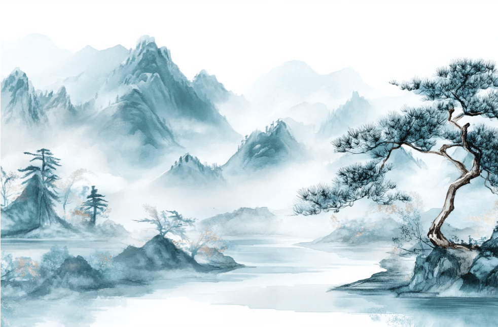 Panorama zen: Papier peint Arbres et Montagnes en aquarelle - Illulart: Papier peint panoramique