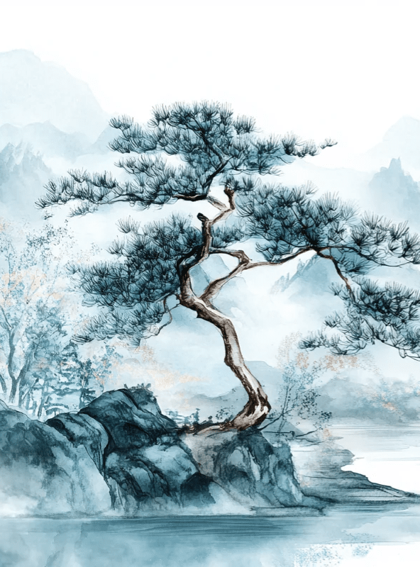 Panorama zen: Papier peint Arbres et Montagnes en aquarelle - Illulart: Papier peint panoramique