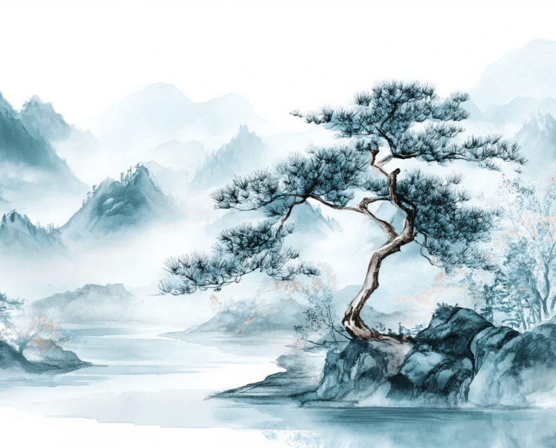 Panorama zen: Papier peint Arbres et Montagnes en aquarelle - Illulart: Papier peint panoramique