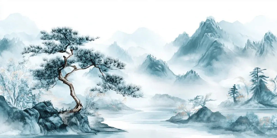 Panorama zen: Papier peint Arbres et Montagnes en aquarelle - Illulart: Papier peint panoramique