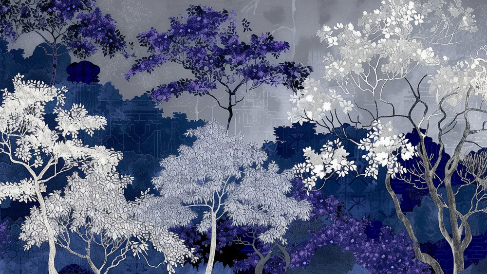Jardin nocturne - papier peint bleu nuit et violet