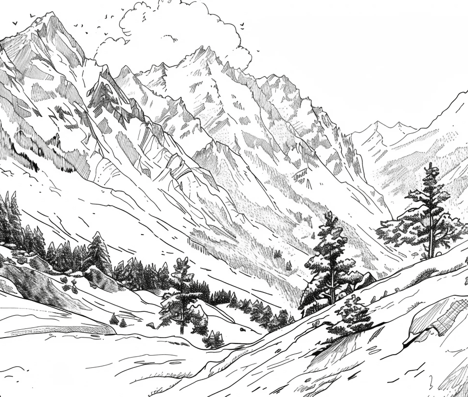 Poésie des Hauteurs - Illustration Alpine en Noir et Blanc - Illulart: Papier peint panoramique