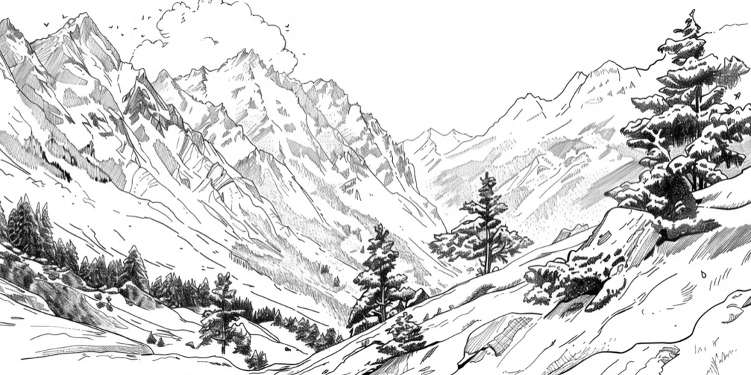 Poésie des Hauteurs - Illustration Alpine en Noir et Blanc - Illulart: Papier peint panoramique