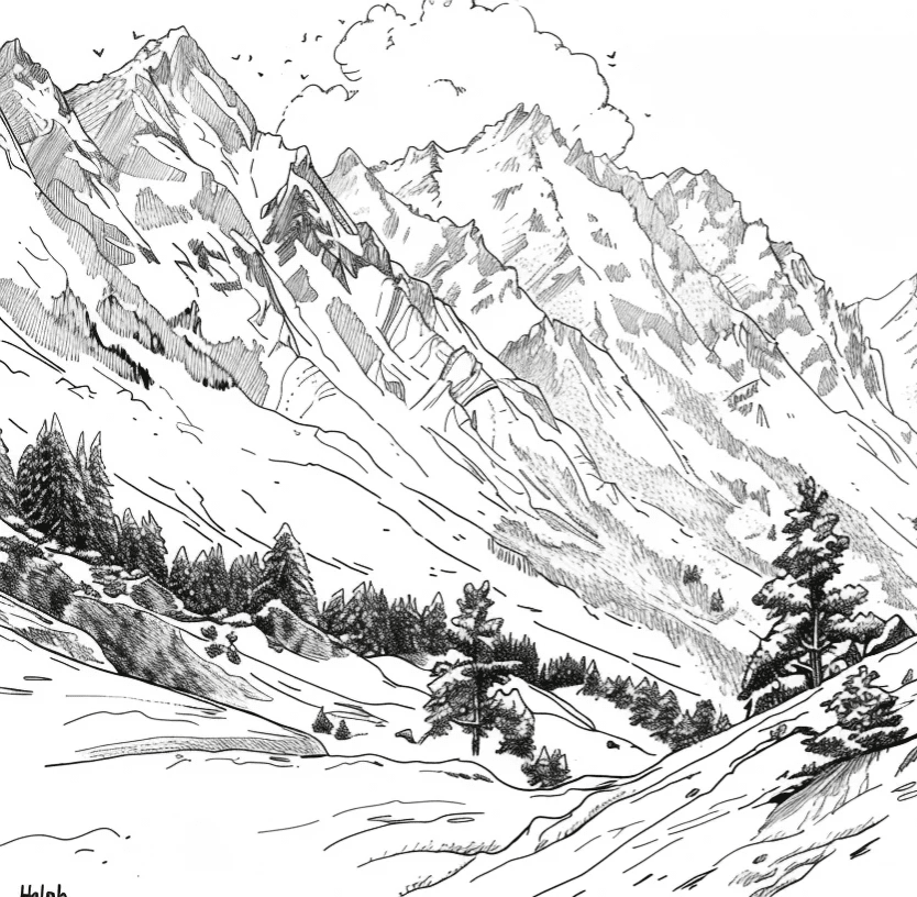 Poésie des Hauteurs - Illustration Alpine en Noir et Blanc - Illulart: Papier peint panoramique