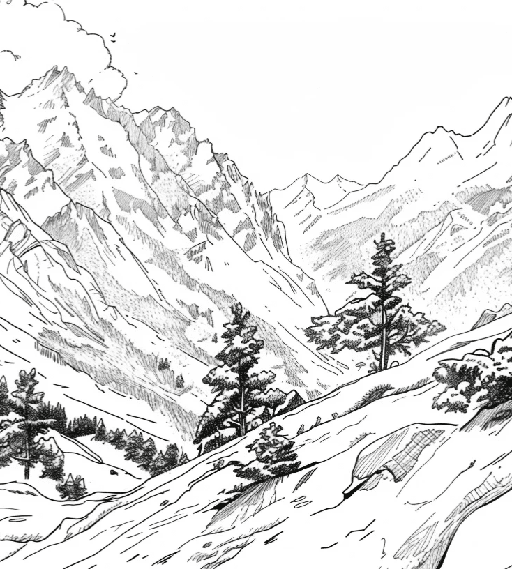 Poésie des Hauteurs - Illustration Alpine en Noir et Blanc - Illulart: Papier peint panoramique