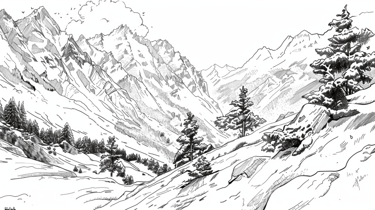 Poésie des Hauteurs - Illustration Alpine en Noir et Blanc - Illulart: Papier peint panoramique