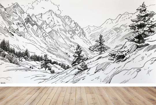 Poésie des Hauteurs - Illustration Alpine en Noir et Blanc - Illulart: Papier peint panoramique