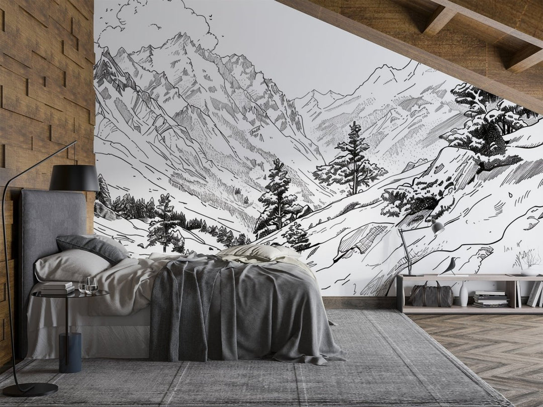 Poésie des Hauteurs - Illustration Alpine en Noir et Blanc - Illulart: Papier peint panoramique